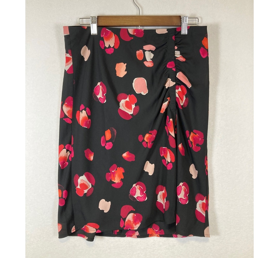 Artistic Abstract Cabi Womens Medium Black Pink Floral Ruched Midi Skirt 5513